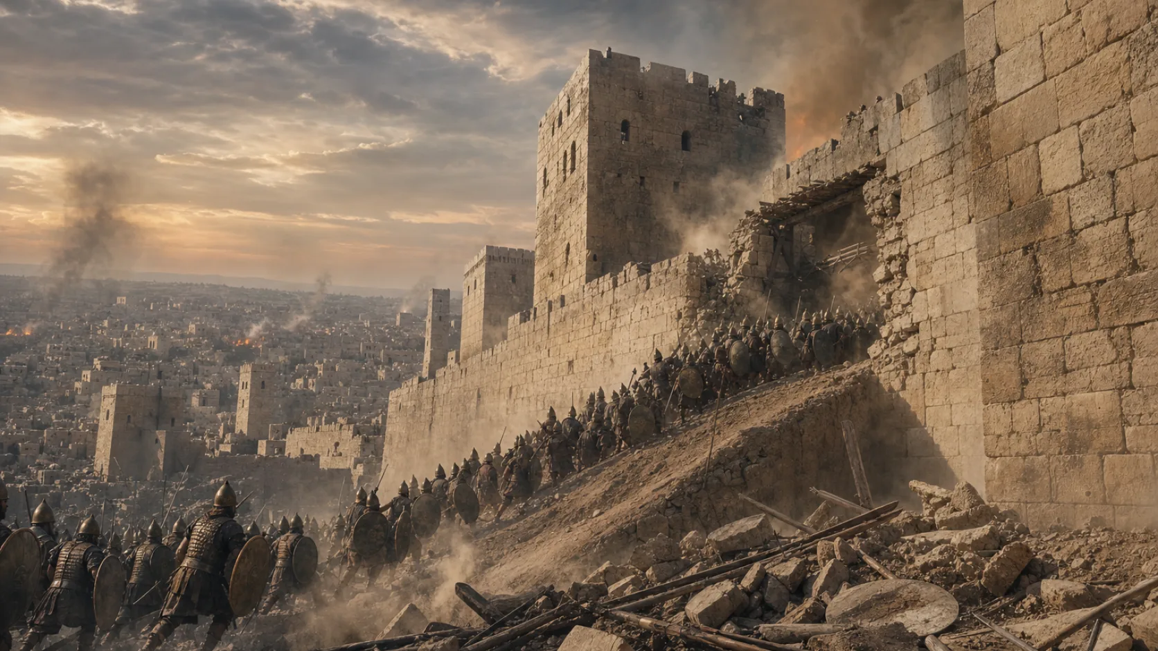Biblical scene illustrating Babylons Army Breaks through Jerusalems Wall