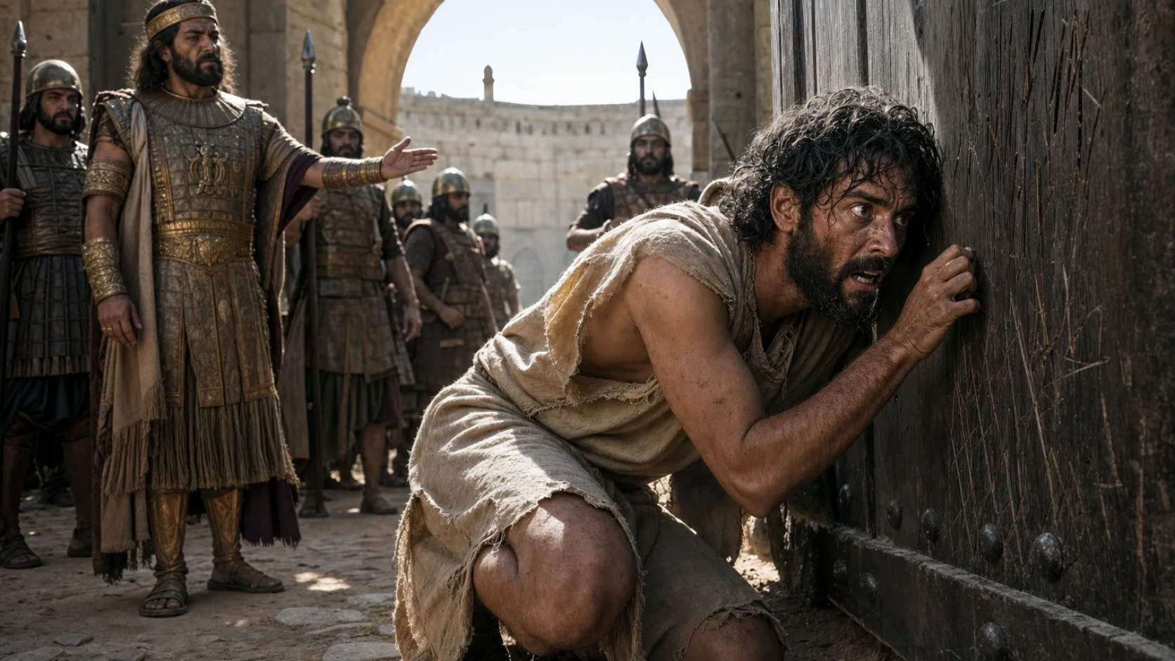 Biblical scene illustrating David Pretends to Be Insane before Abimelech