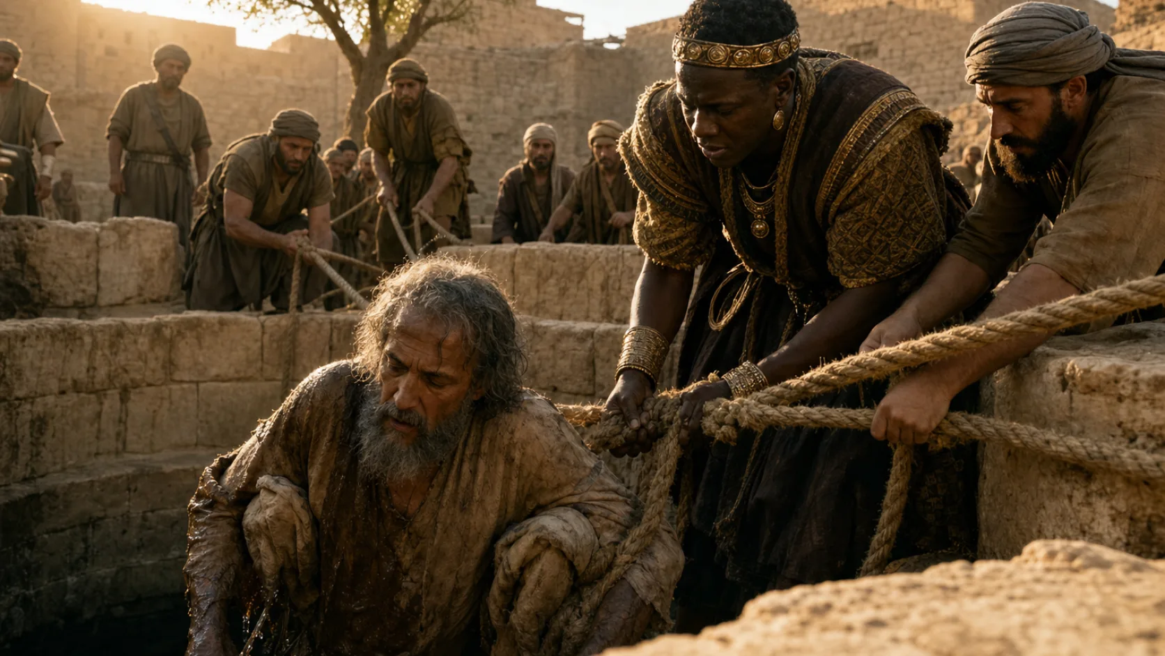 Biblical scene illustrating Ebed-Melech Rescues Jeremiah from the Cistern