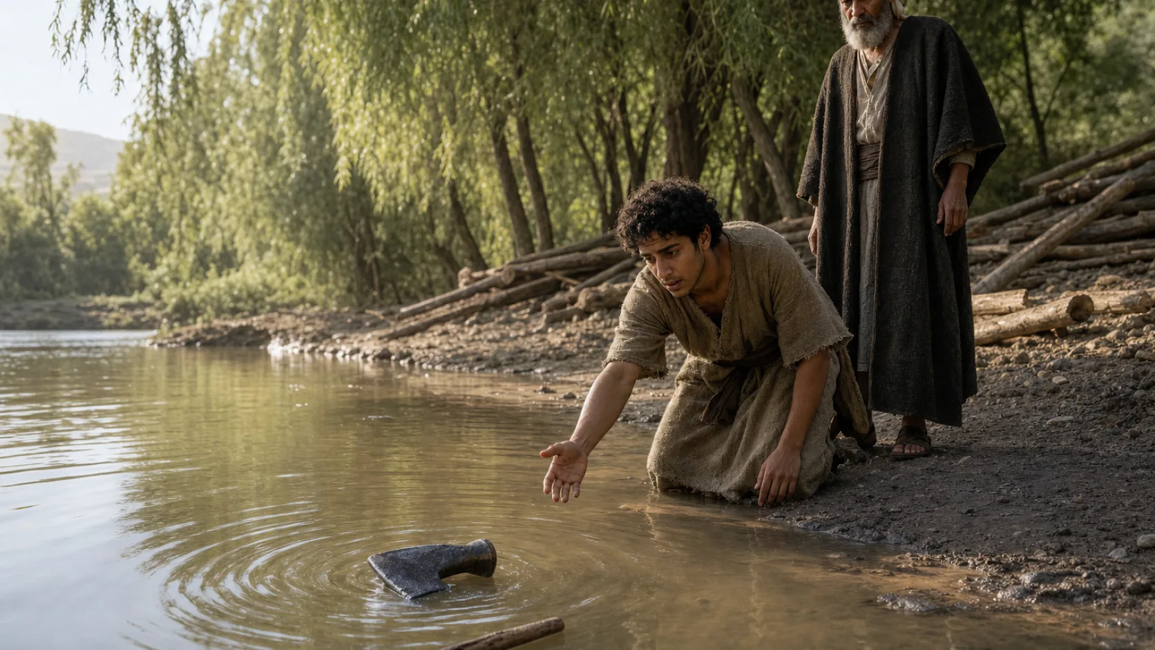 Biblical scene illustrating Elisha Makes an Iron Axe Head Float