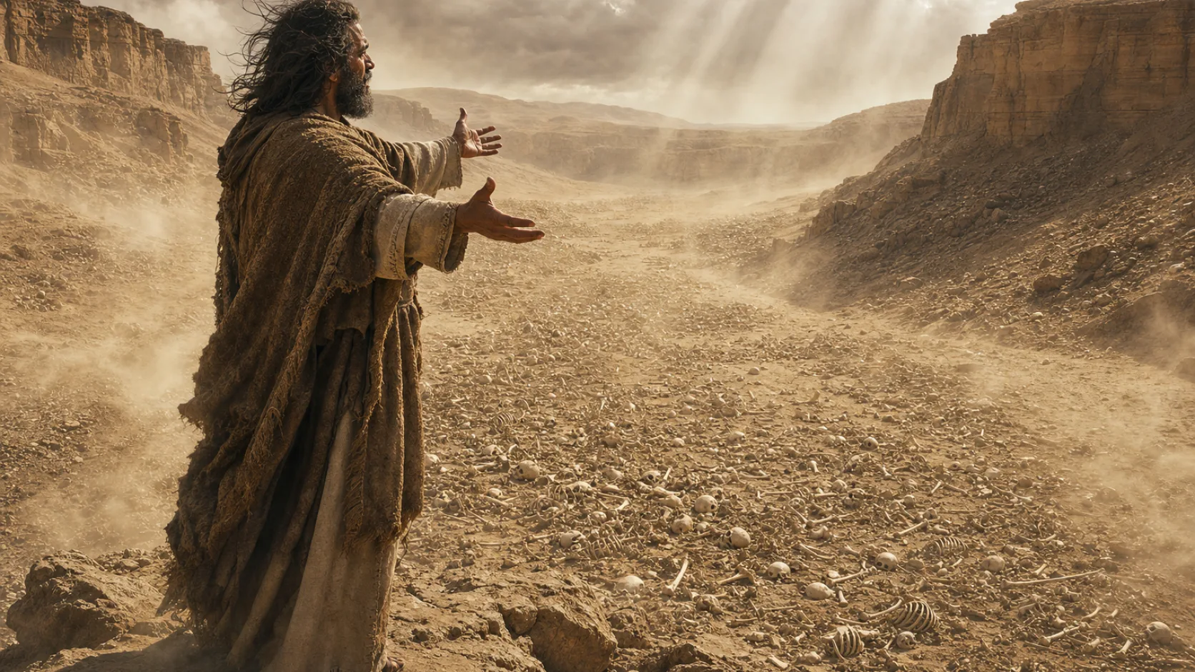 Biblical scene illustrating Ezekiel Prophesies to the Dry Bones