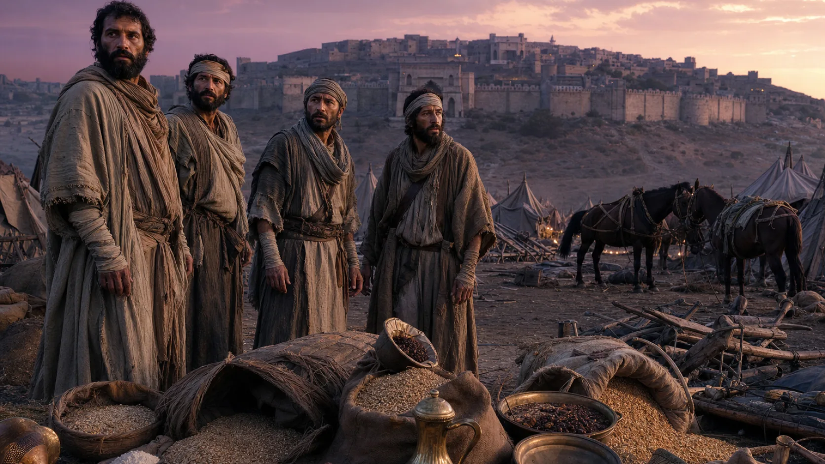 Biblical scene illustrating Food Becomes Abundant in Samaria
