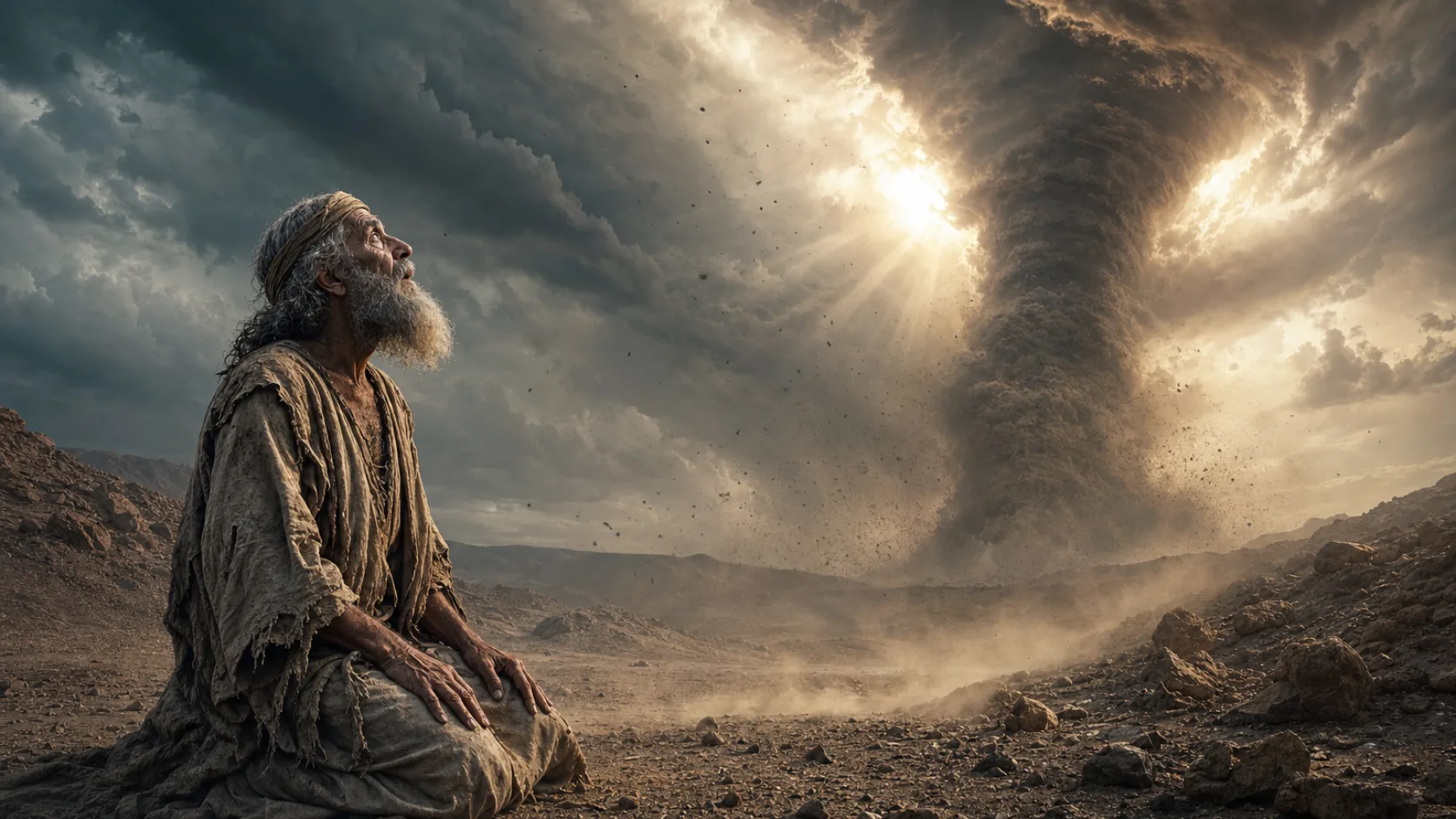 Biblical scene illustrating God Answers Job from the Whirlwind