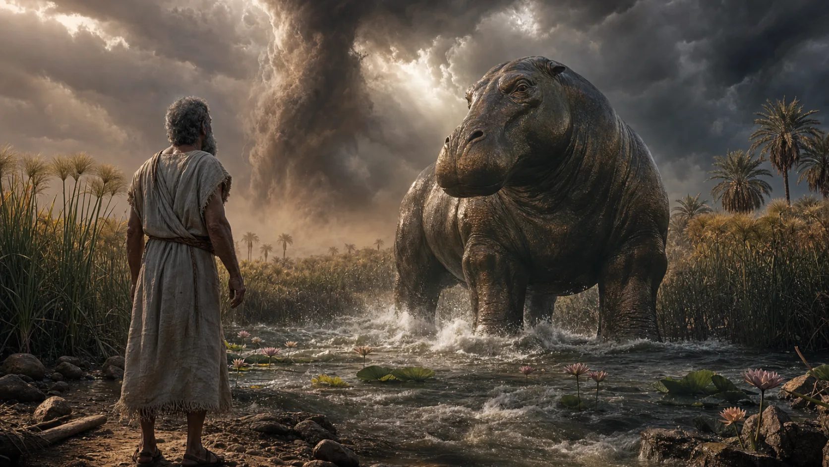 Biblical scene illustrating God Describes Behemoth to Job