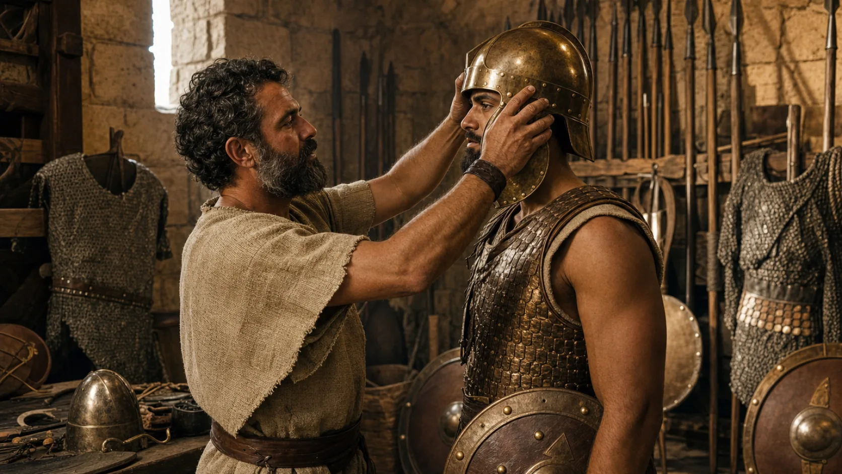 Helmet in a detailed biblical historical scene