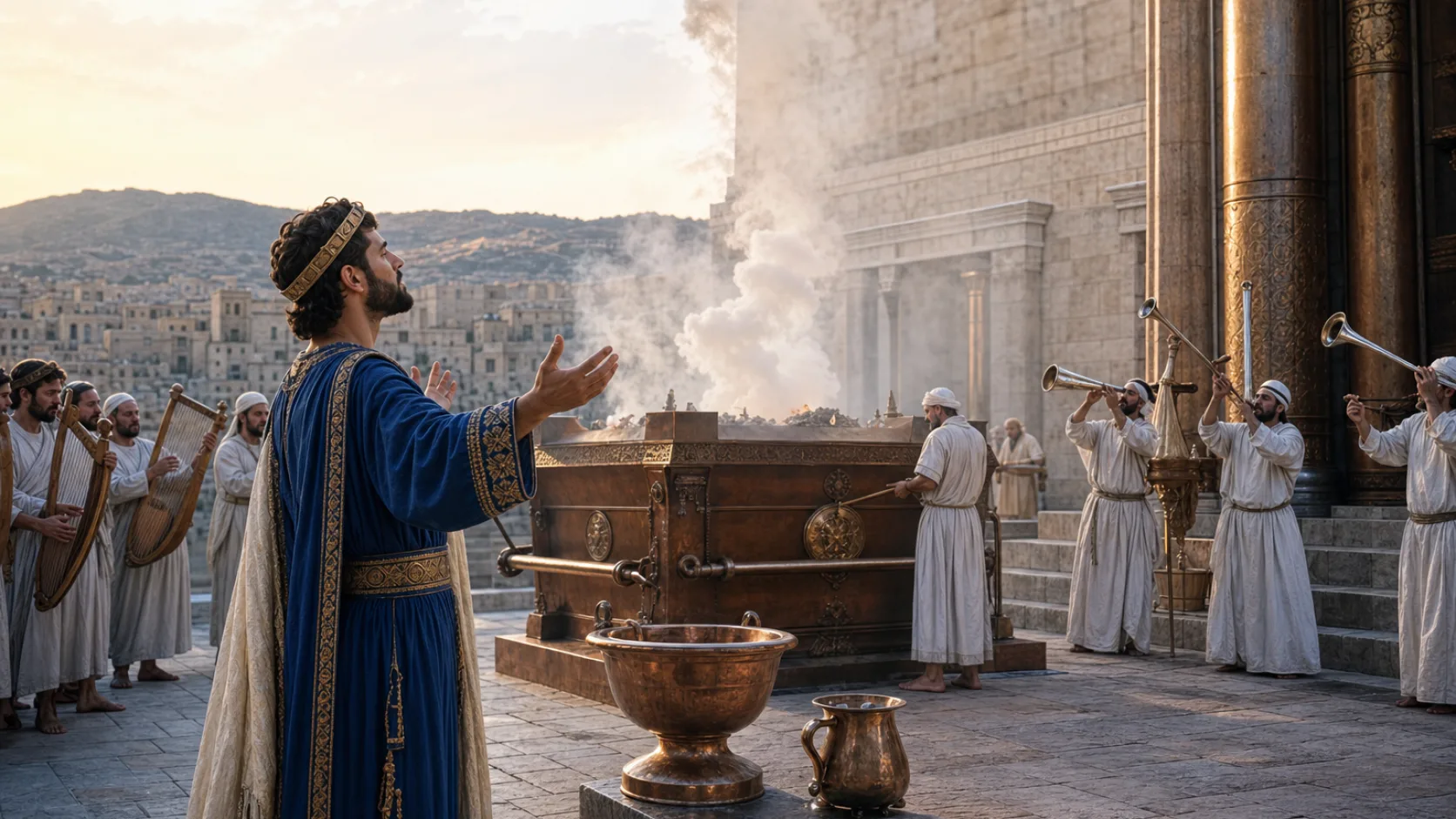 Biblical scene illustrating Hezekiah Restores Temple Sacrifices and Worship
