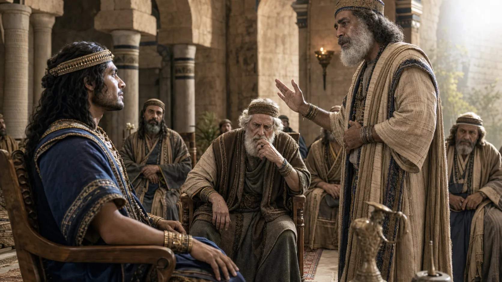 Biblical scene illustrating Hushai Defeats Ahithophel's Counsel