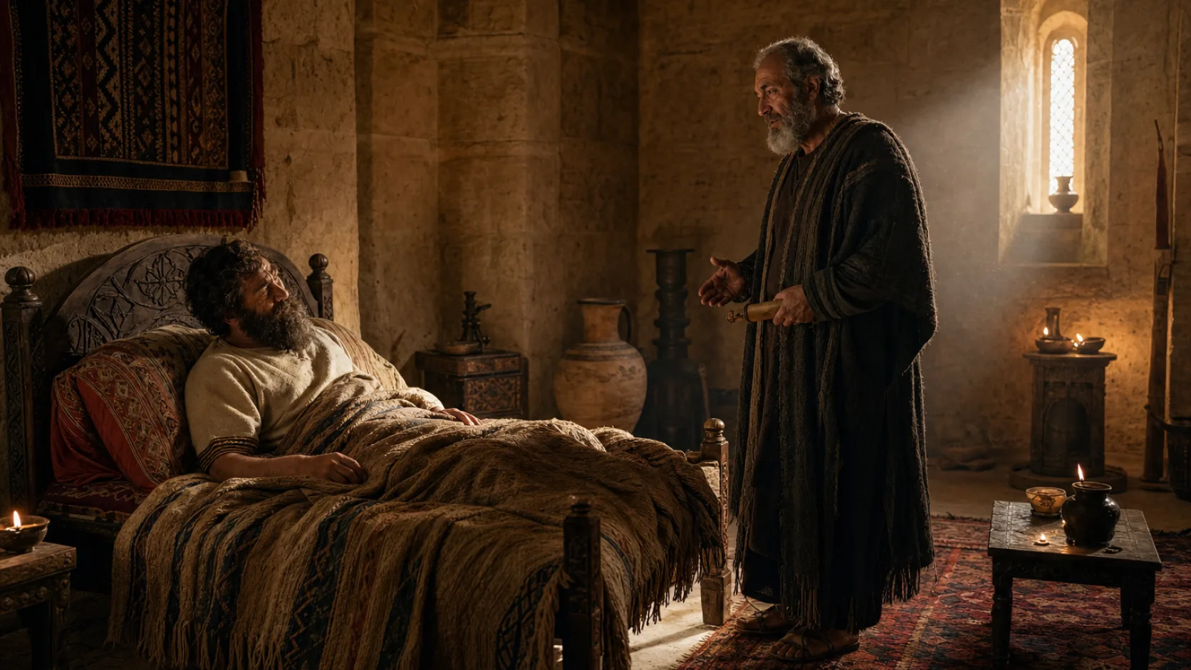Biblical scene illustrating Isaiah Tells Hezekiah to Prepare for Death