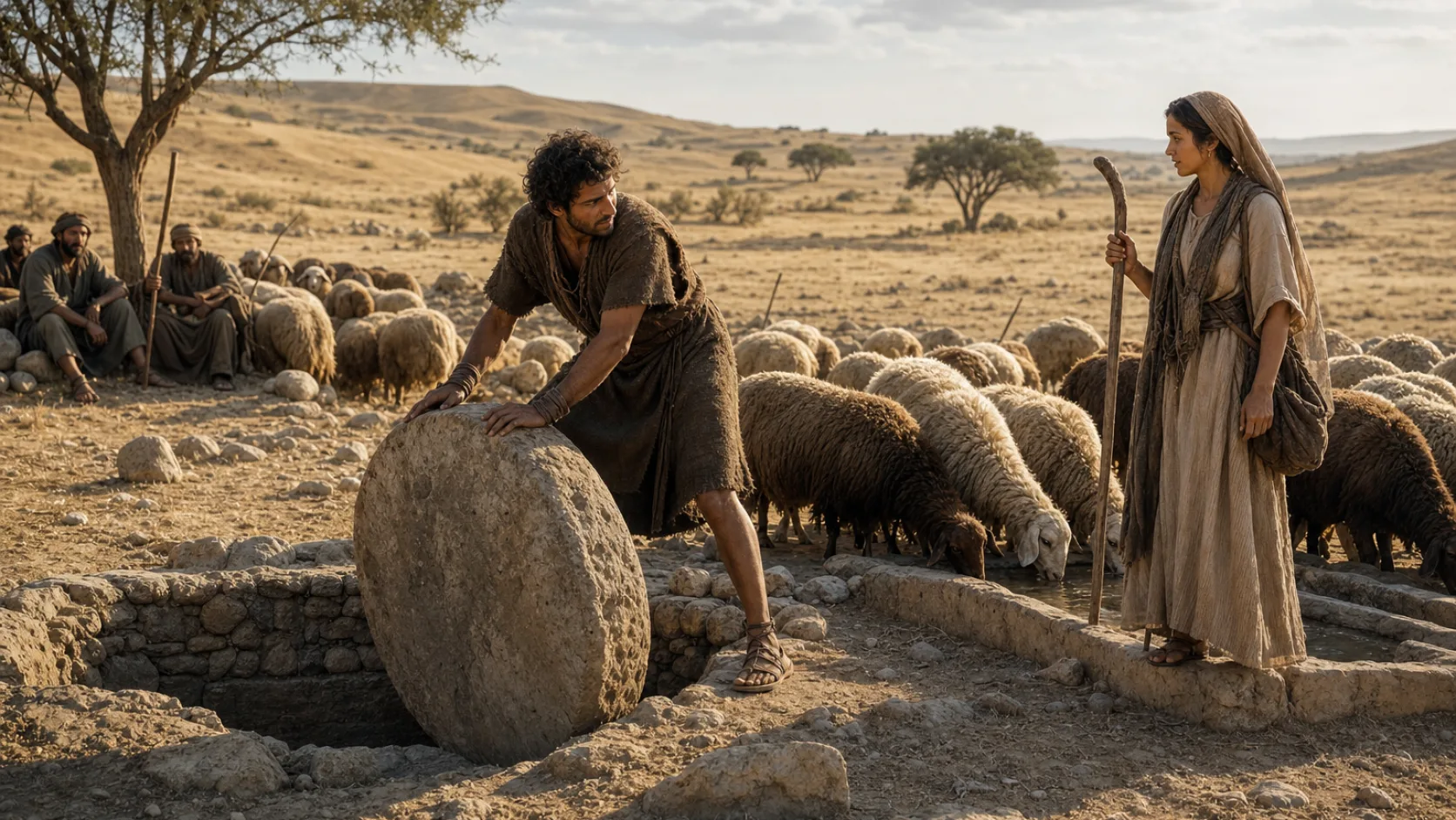 Biblical scene illustrating Jacob Meets Rachel