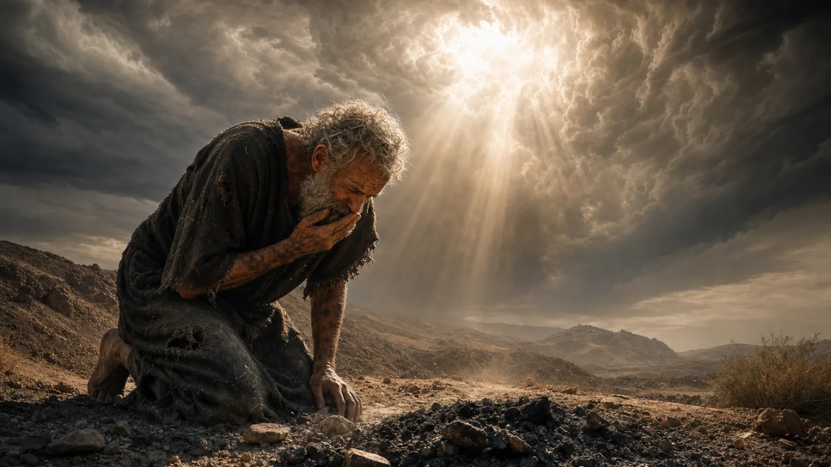 Biblical scene illustrating Job Humbles Himself before God