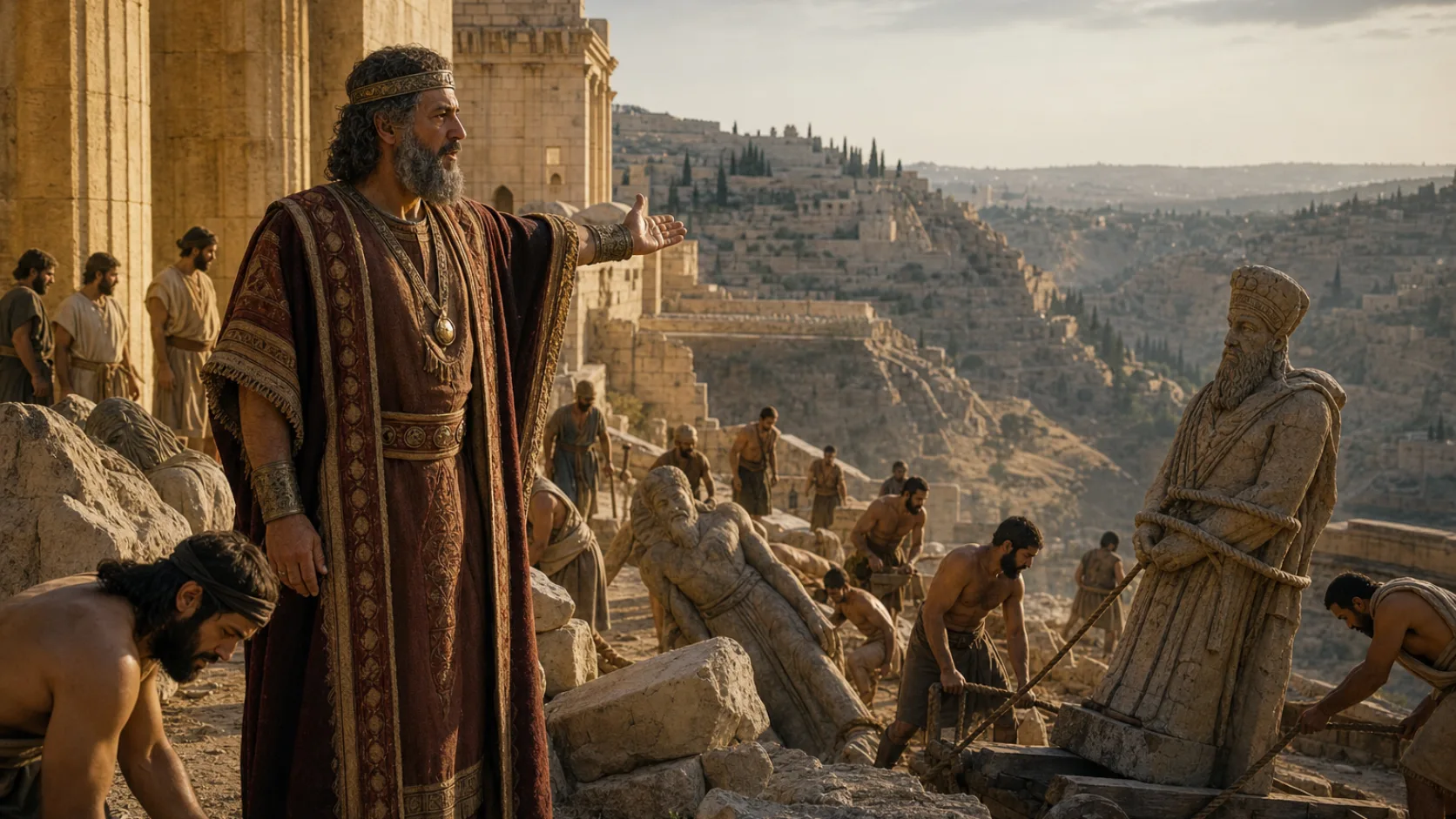 Biblical scene illustrating Manasseh Removes Foreign Gods from Jerusalem