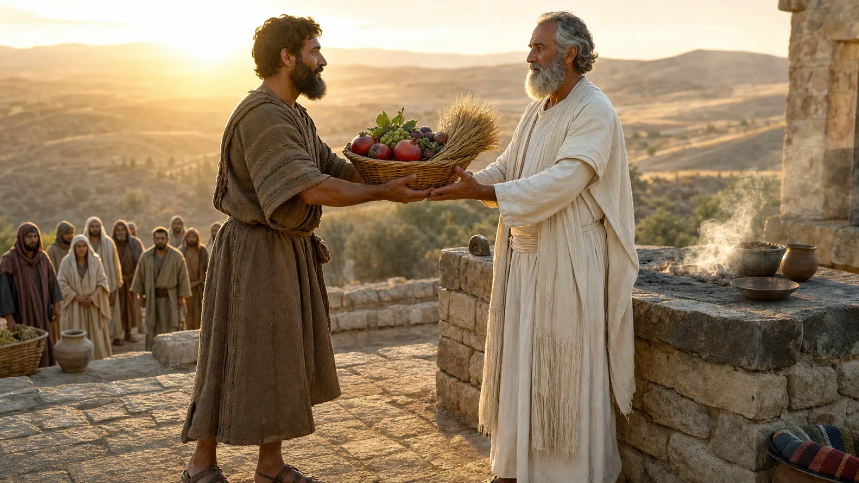 Biblical scene illustrating Moses Commands the Firstfruits Confession