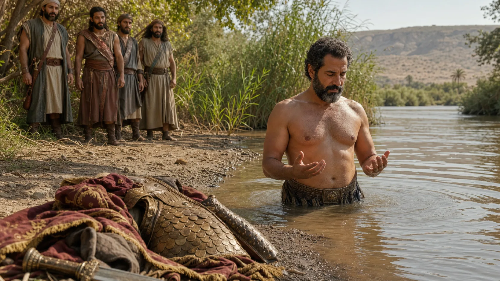 Biblical scene illustrating Naaman Comes to Elisha for Healing