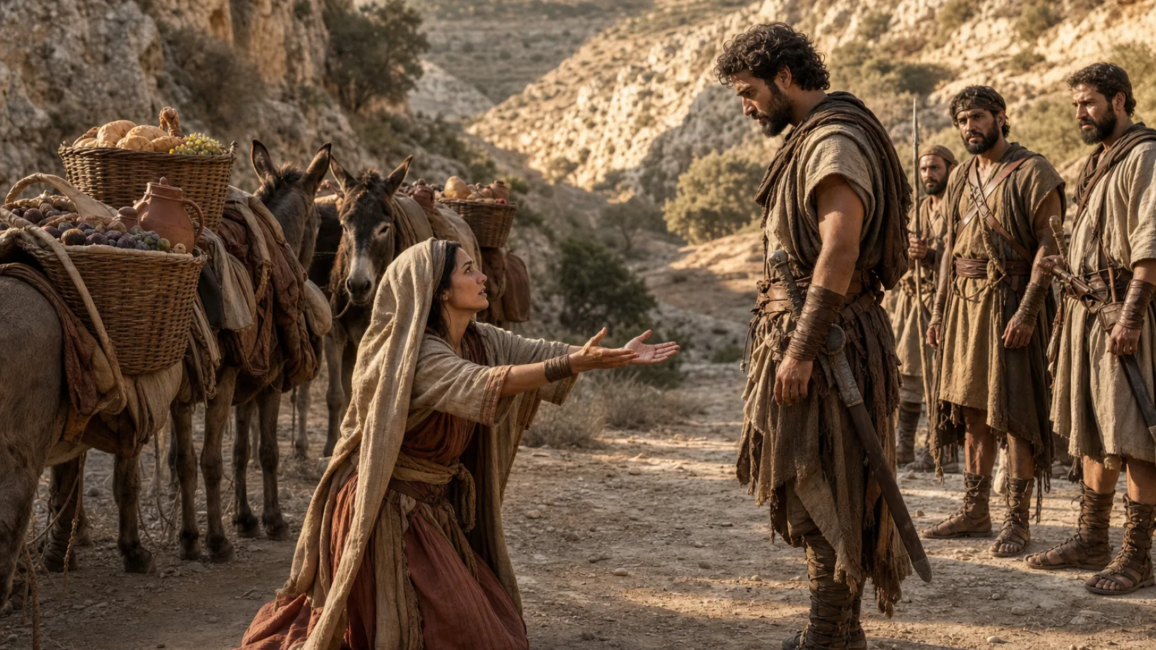 Biblical scene illustrating Nabal Dies and David Marries Abigail