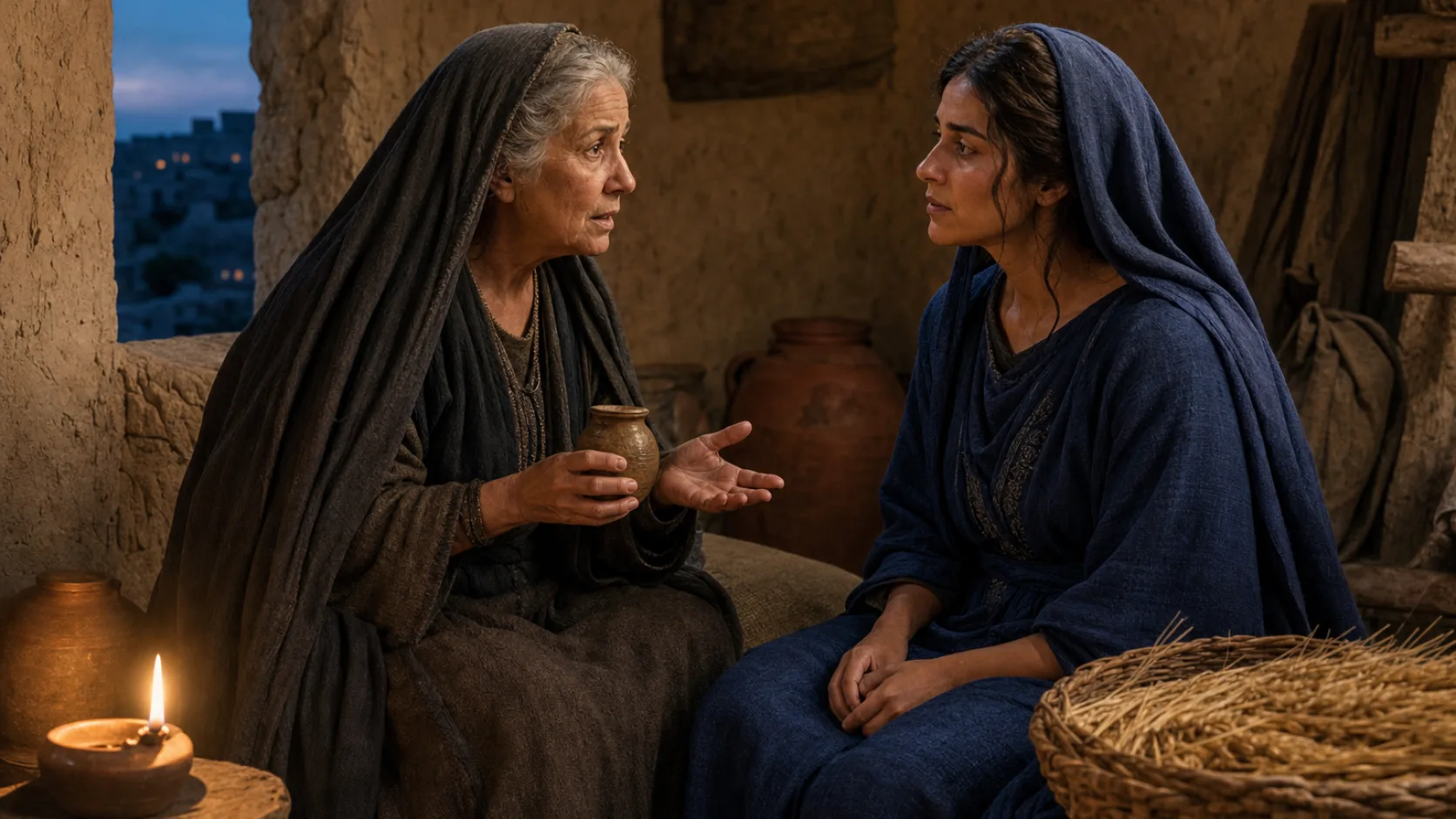 Biblical scene illustrating Naomi Instructs Ruth to Approach Boaz
