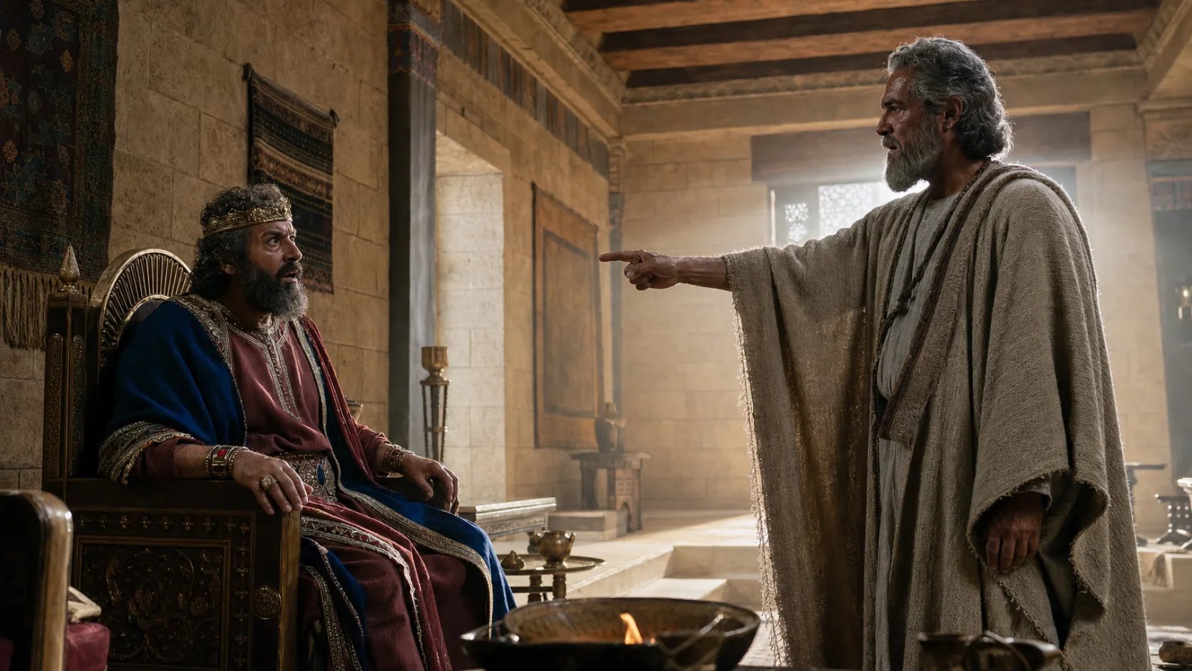 Biblical scene illustrating Nathan Confronts David over His Sin