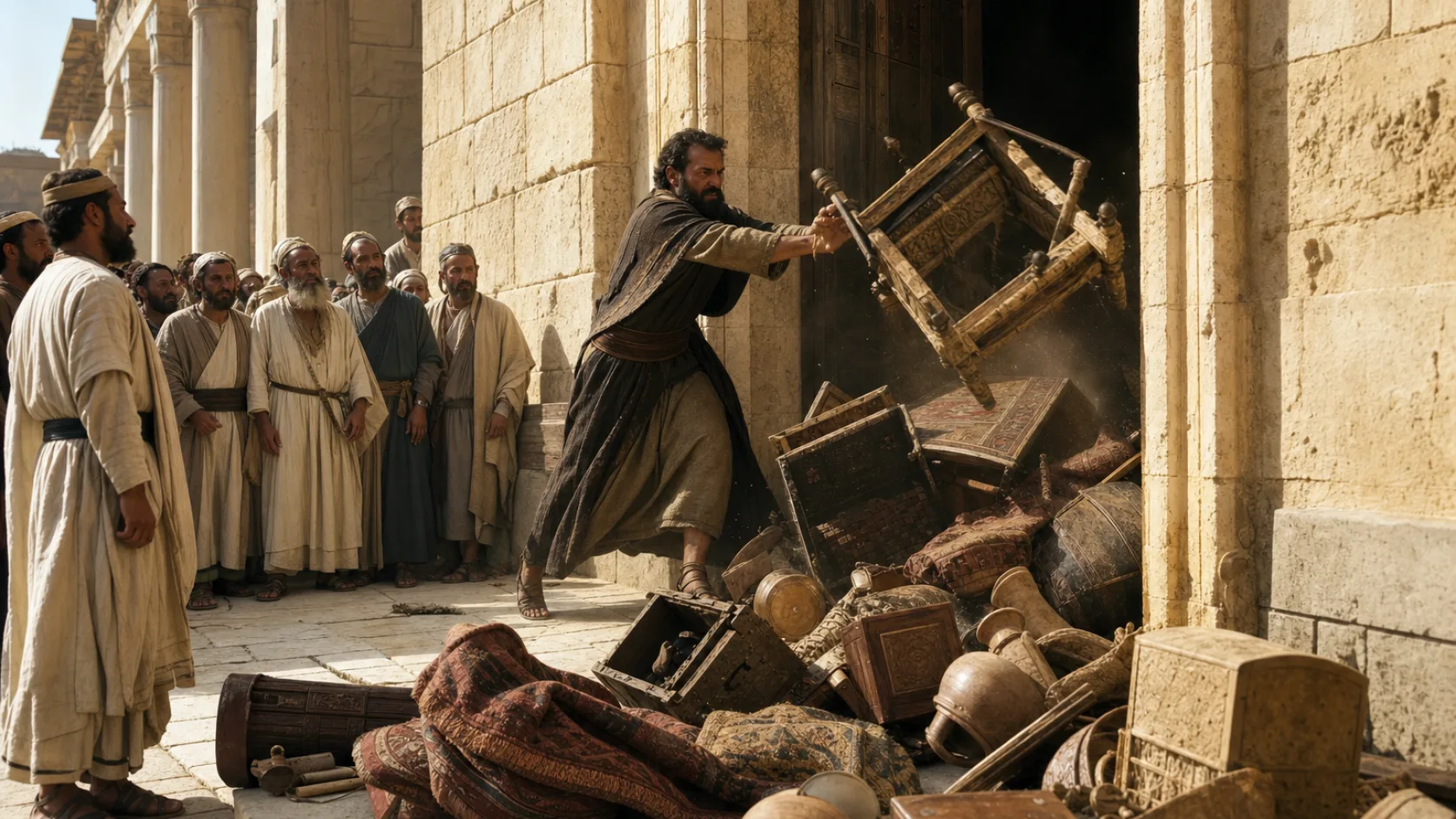 Biblical scene illustrating Nehemiah Discovers Tobiah Has Been Given a Temple Room