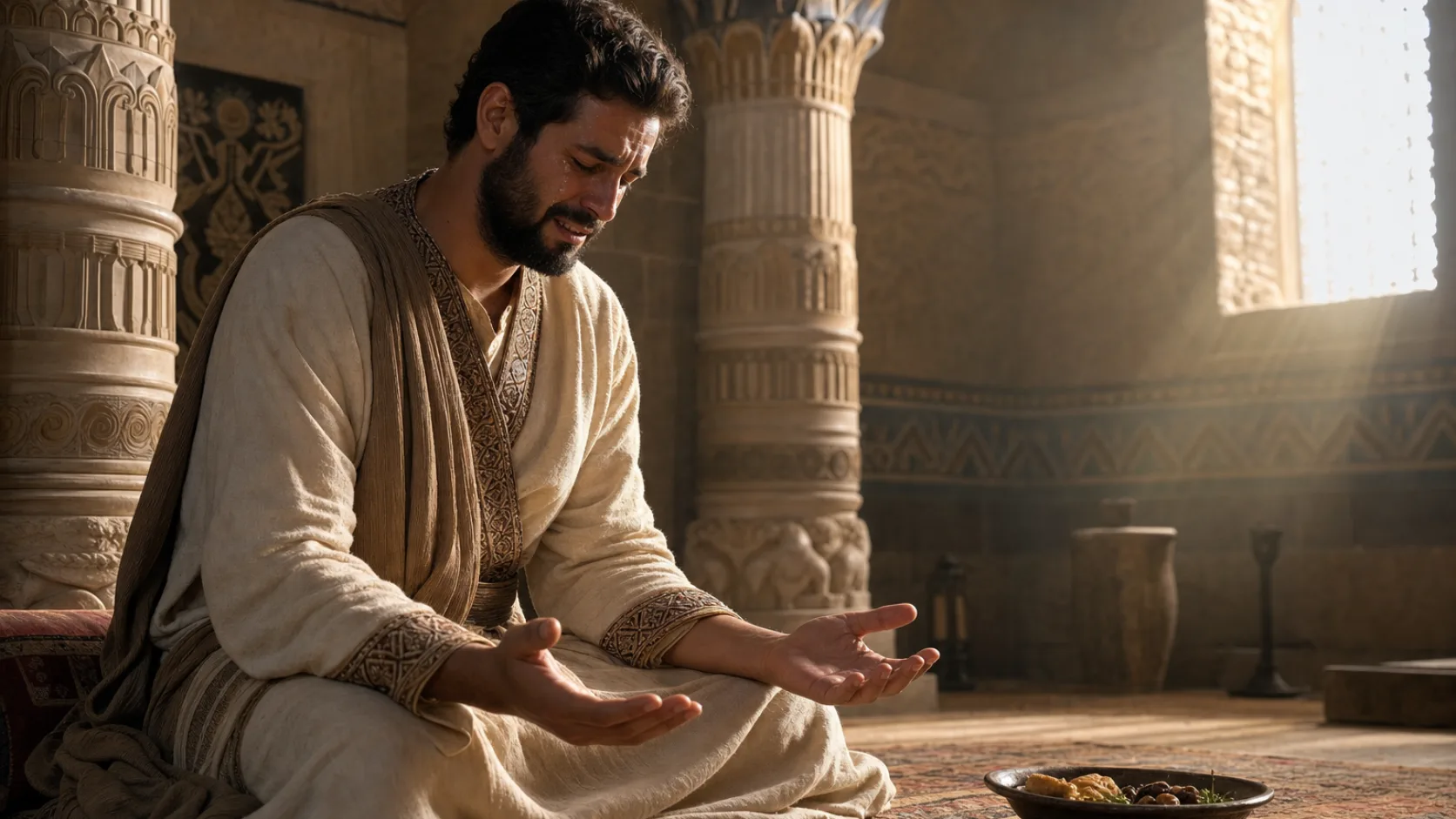 Biblical scene illustrating Nehemiah Mourns Fasts and Prays for Jerusalem