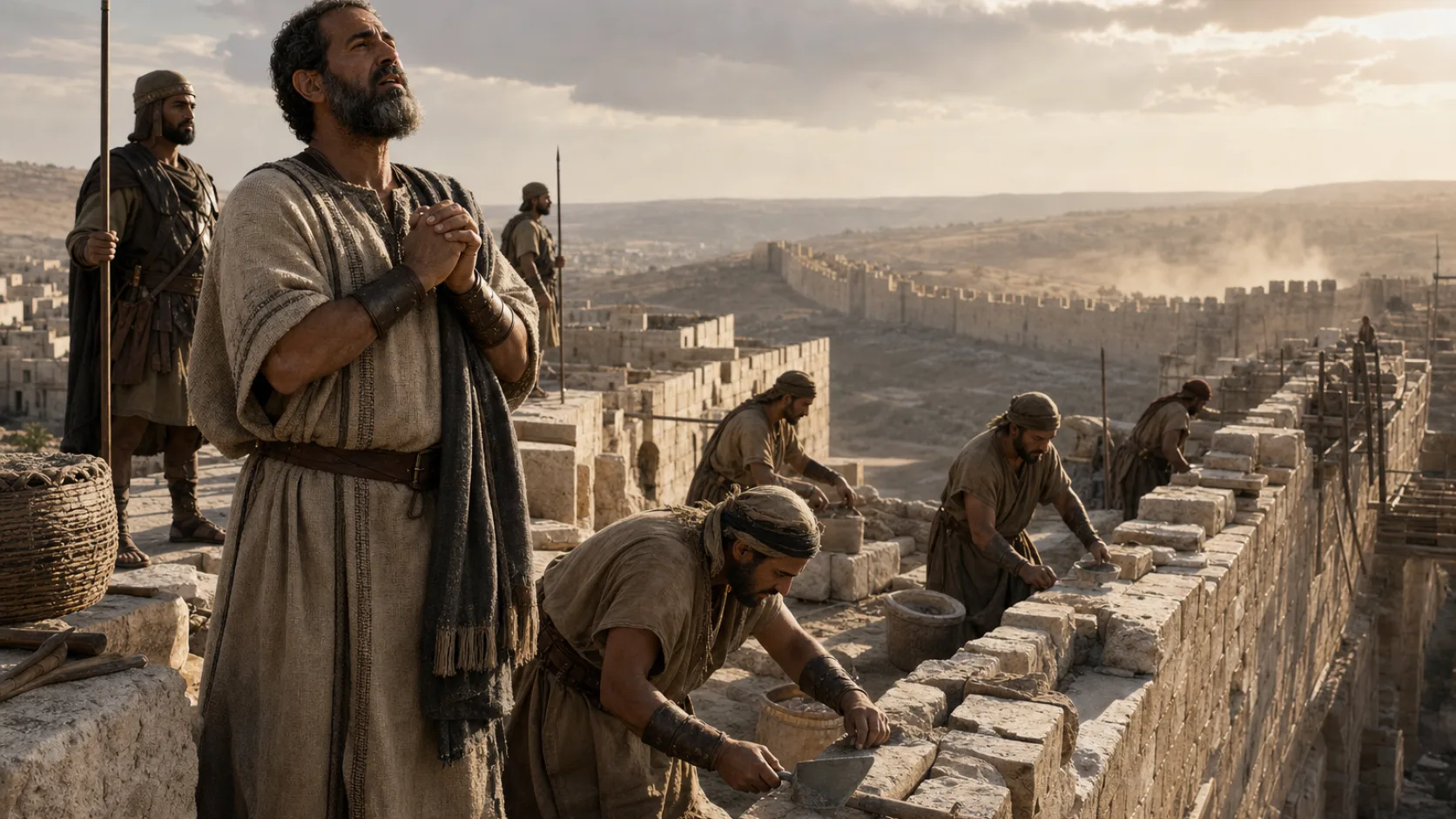 Biblical scene illustrating Nehemiah Prays against the Enemies of the Rebuilding