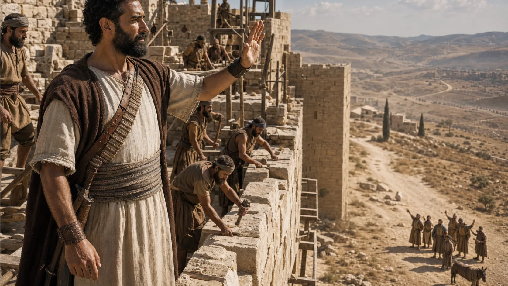 Biblical scene illustrating Nehemiah Refuses to Stop the Work for His Enemies
