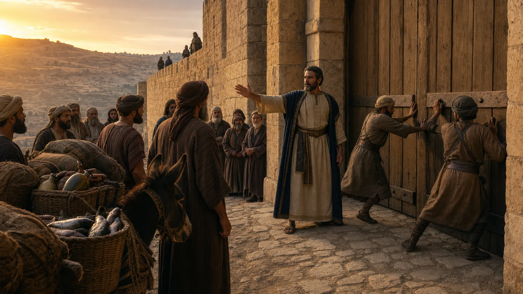 Biblical scene illustrating Nehemiah Stops Sabbath Commerce in Jerusalem