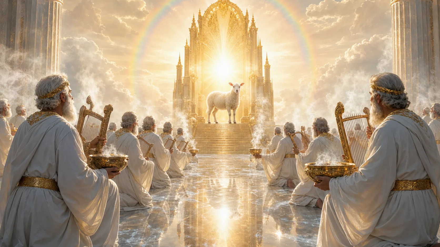 Biblical scene illustrating New Song before the Throne