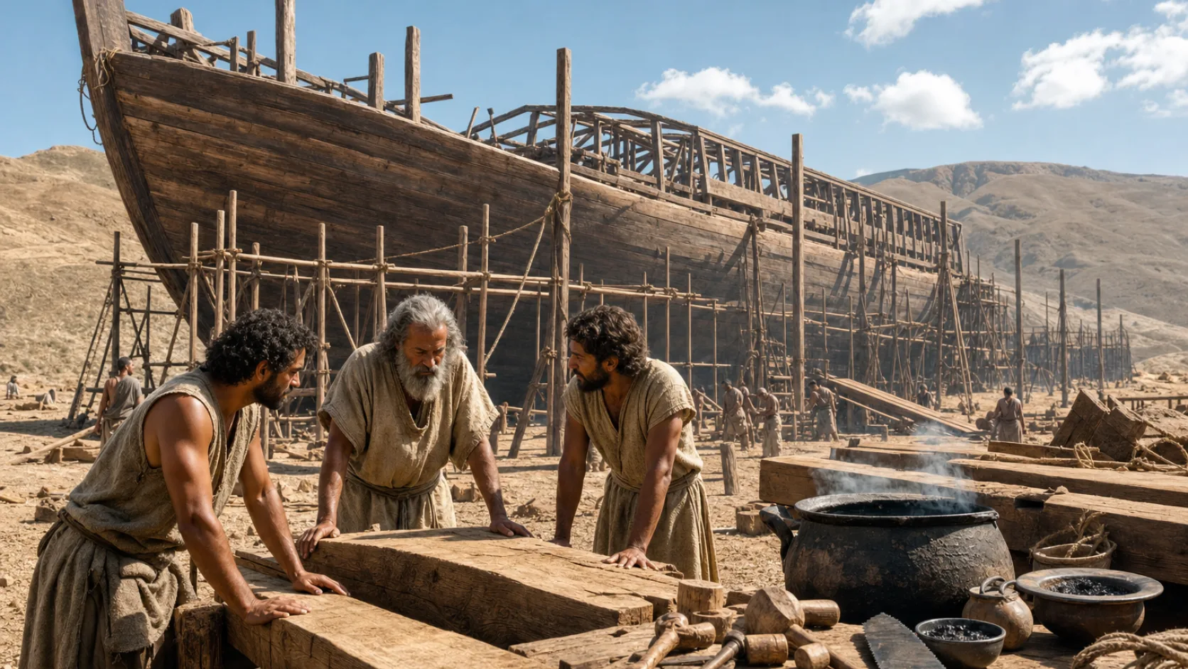 Biblical scene illustrating Noah Builds the Ark