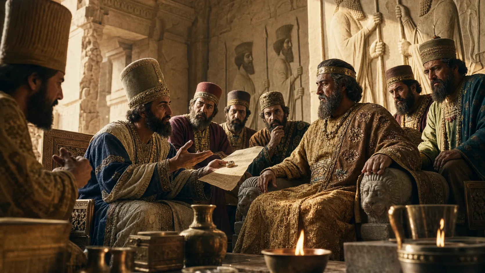 Biblical scene illustrating Officials Plot against Daniel because of His Faithfulness