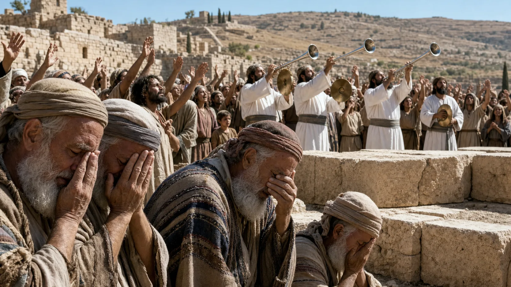 Biblical scene illustrating Older Exiles Weep while Others Rejoice at the Temple Foundation