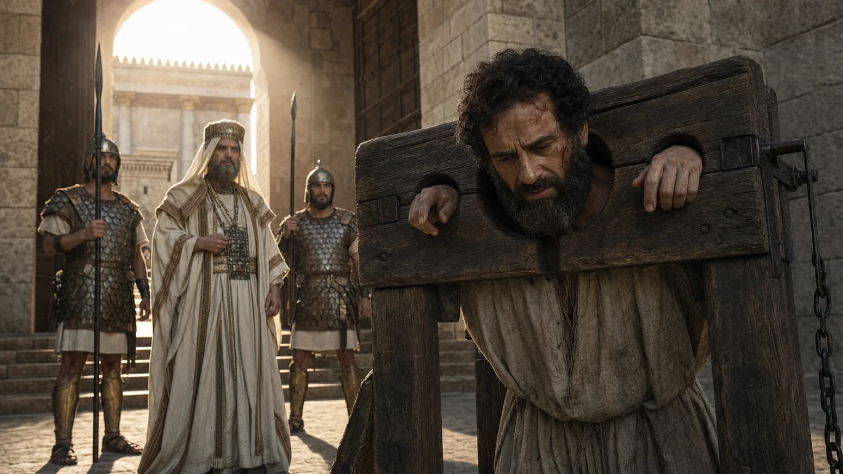 Biblical scene illustrating Pashhur Has Jeremiah Beaten and Put in Stocks