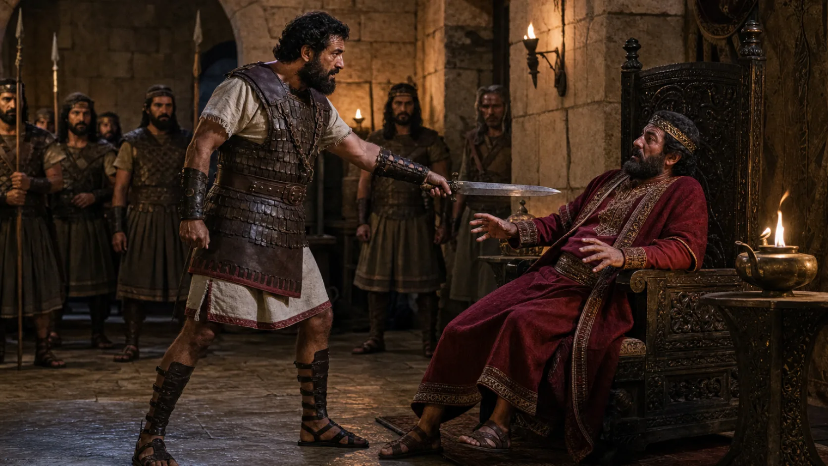 Biblical scene illustrating Pekah Assassinates Pekahiah