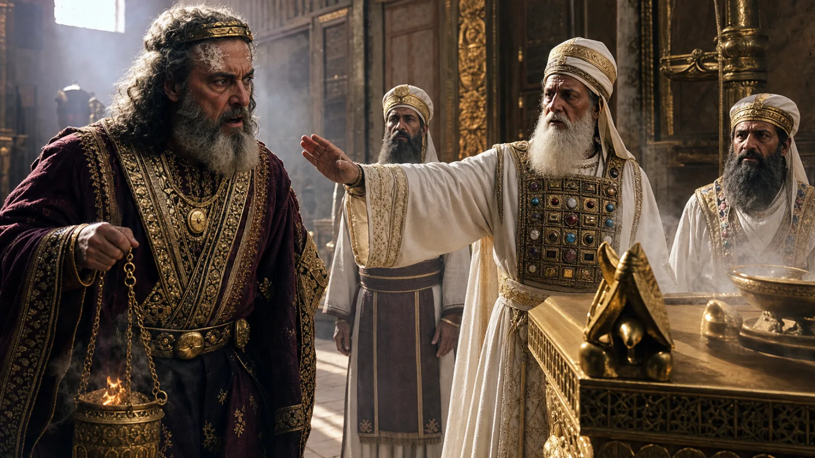 Biblical scene illustrating Priests Confront Uzziah inside the Temple