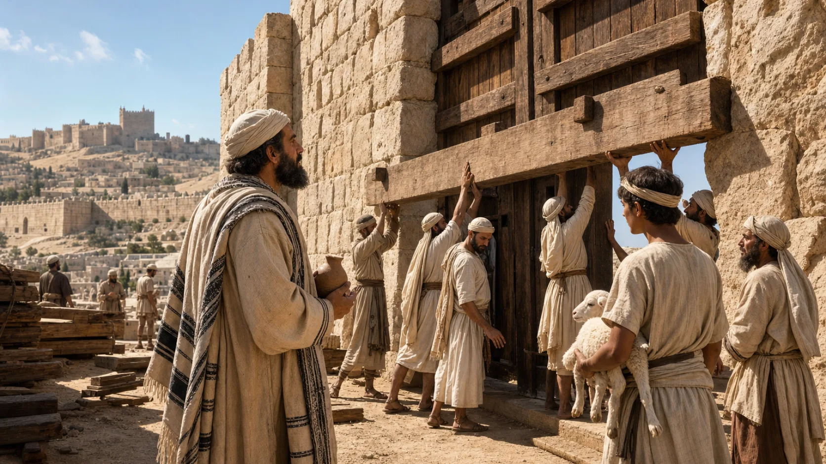 Biblical scene illustrating Priests Rebuild and Dedicate the Sheep Gate