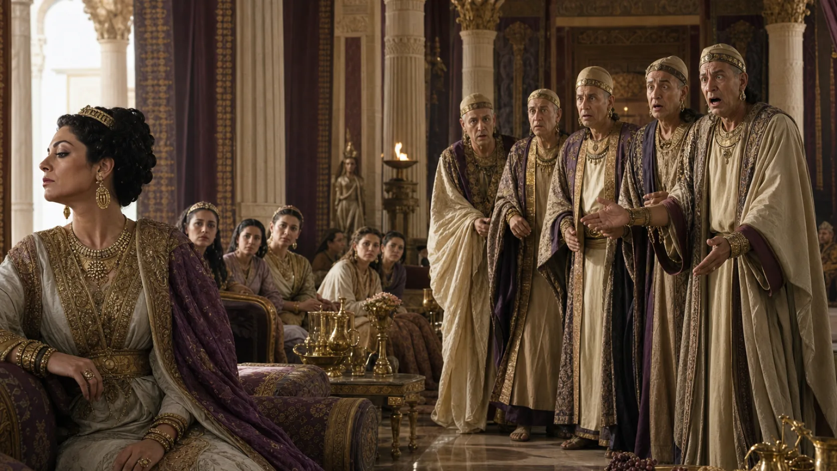 Biblical scene illustrating Queen Vashti Refuses the Kings Command