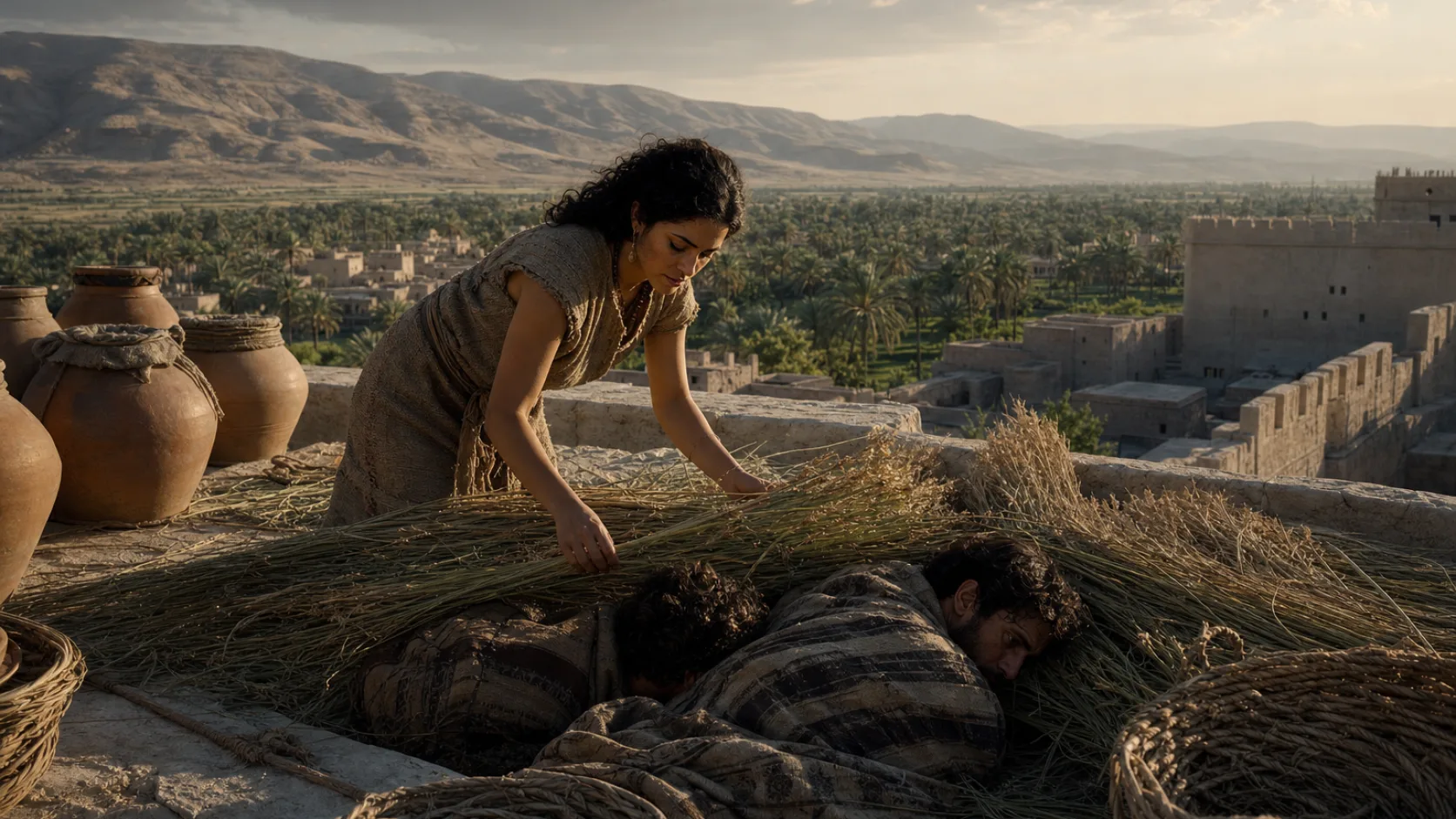 Biblical scene illustrating Rahab Hides the Israelite Spies