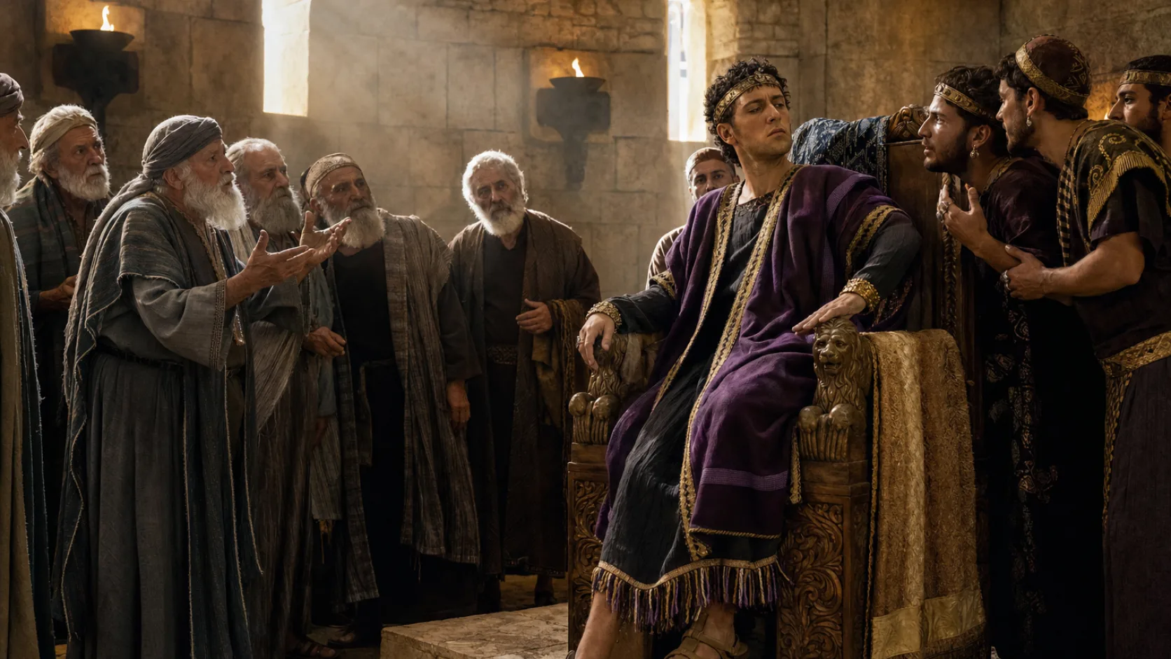 Biblical scene illustrating Rehoboam Rejects the Advice of the Elders