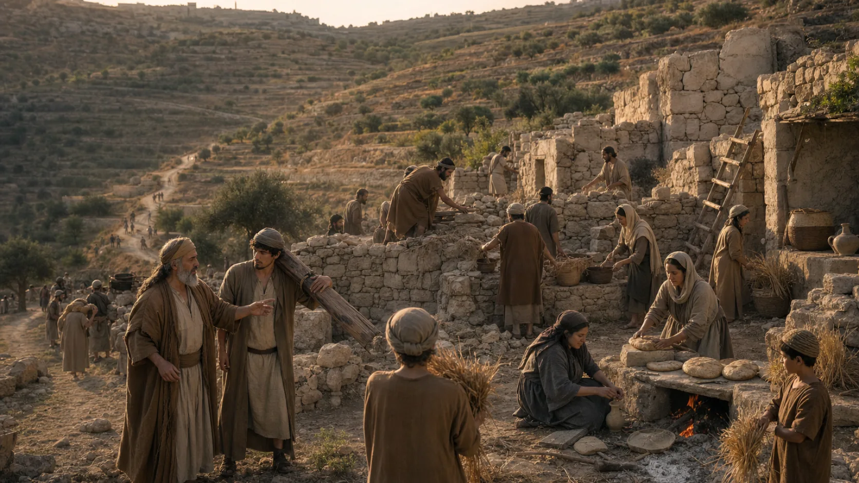 Biblical scene illustrating Returning Exiles Settle in Their Ancestral Towns