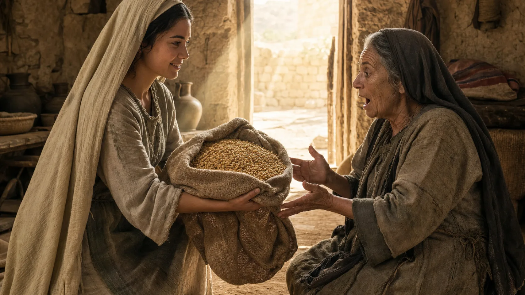 Biblical scene illustrating Ruth Returns to Naomi with Grain