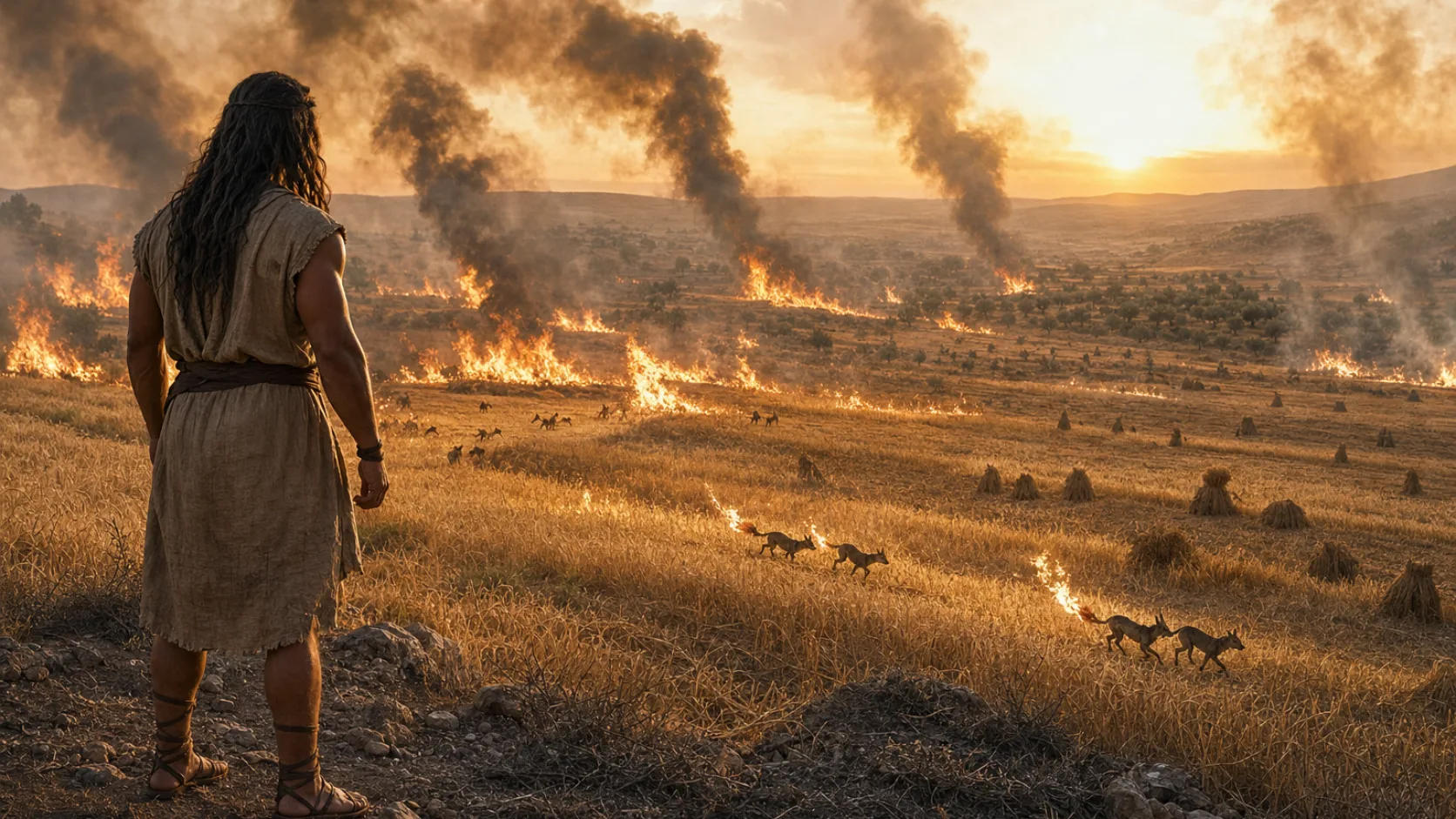 Biblical scene illustrating Samson Burns the Philistines' Crops