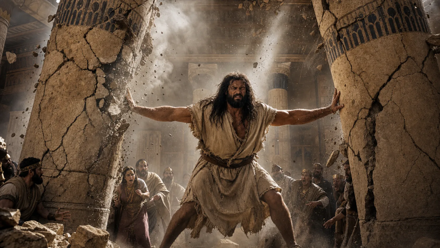 Biblical scene illustrating Samson Destroys the Temple of Dagon and Dies