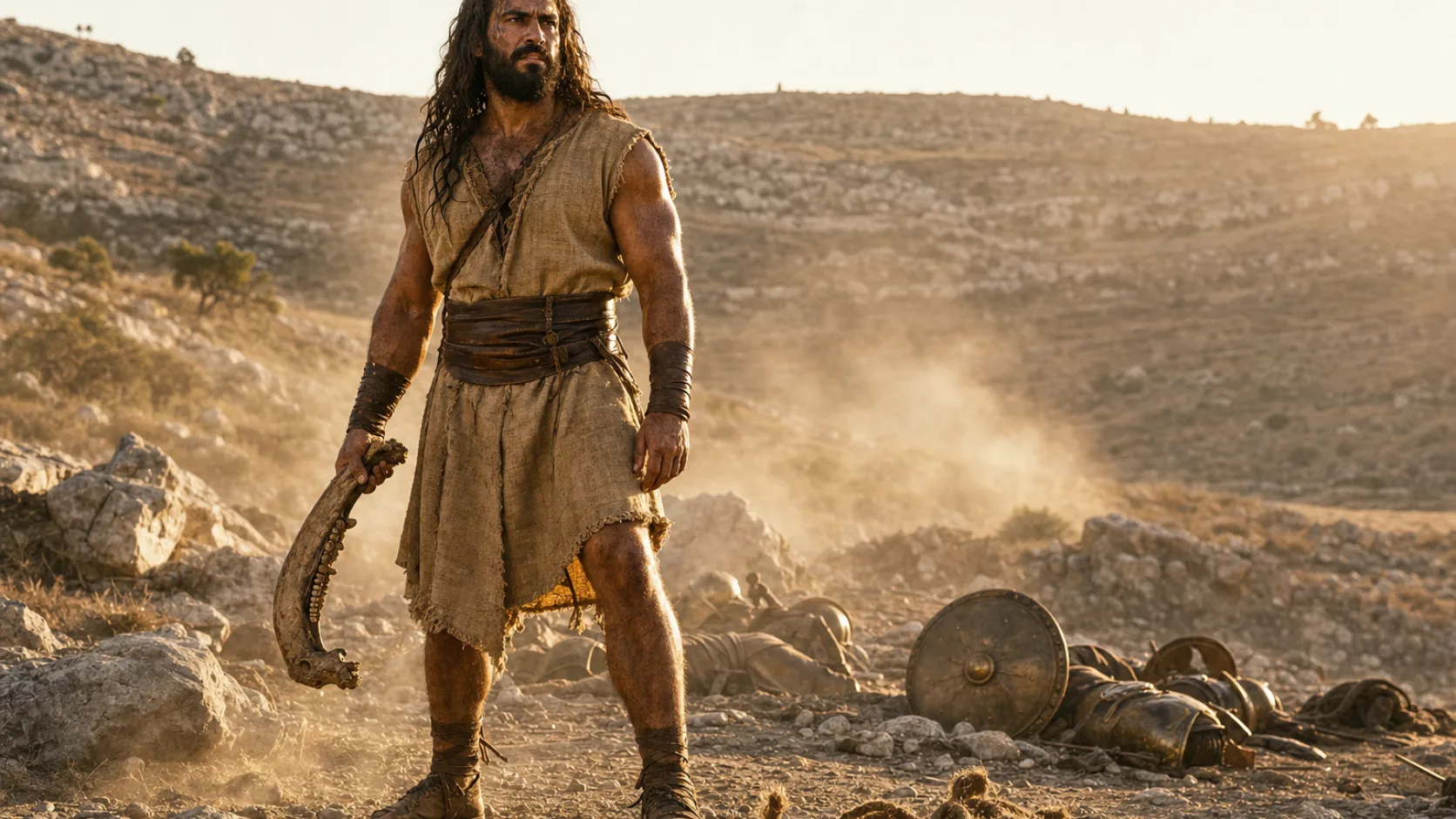 Biblical scene illustrating Samson Kills a Thousand Philistines with a Donkey's Jawbone