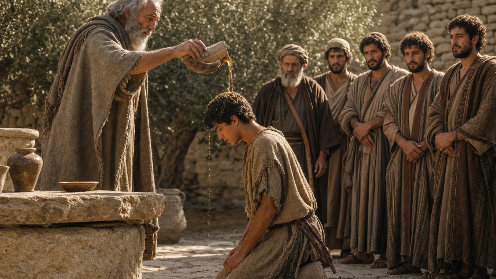 Biblical scene illustrating Samuel Anoints David