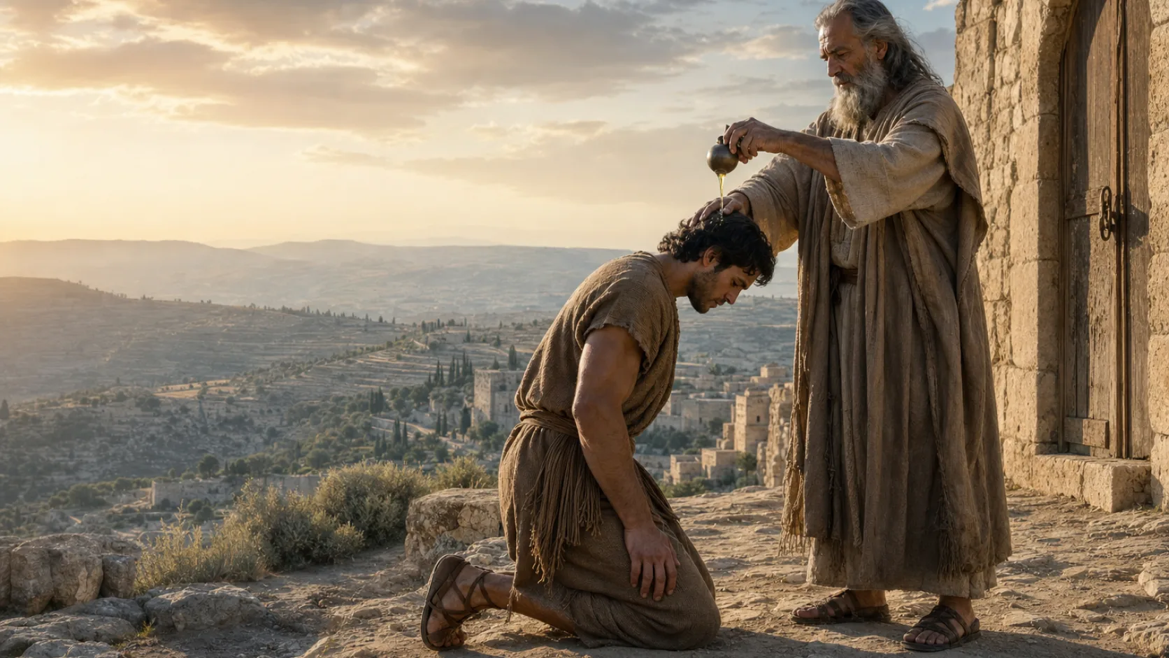Biblical scene illustrating Samuel Anoints Saul as King
