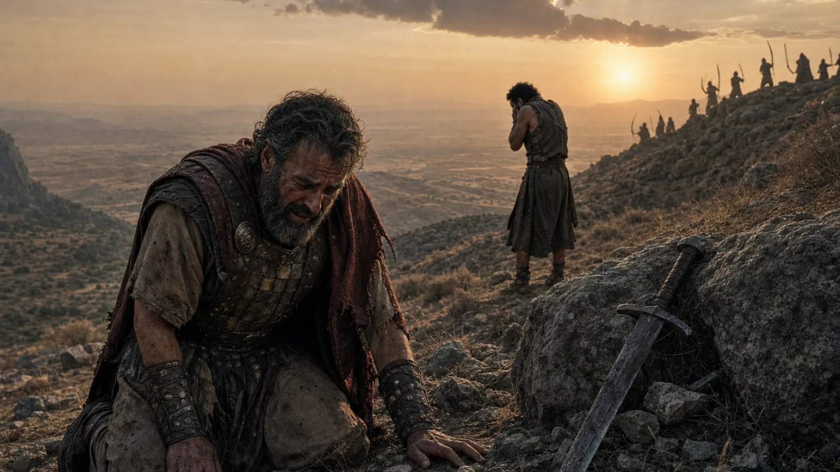 Biblical scene illustrating Saul and His Sons Die on Mount Gilboa