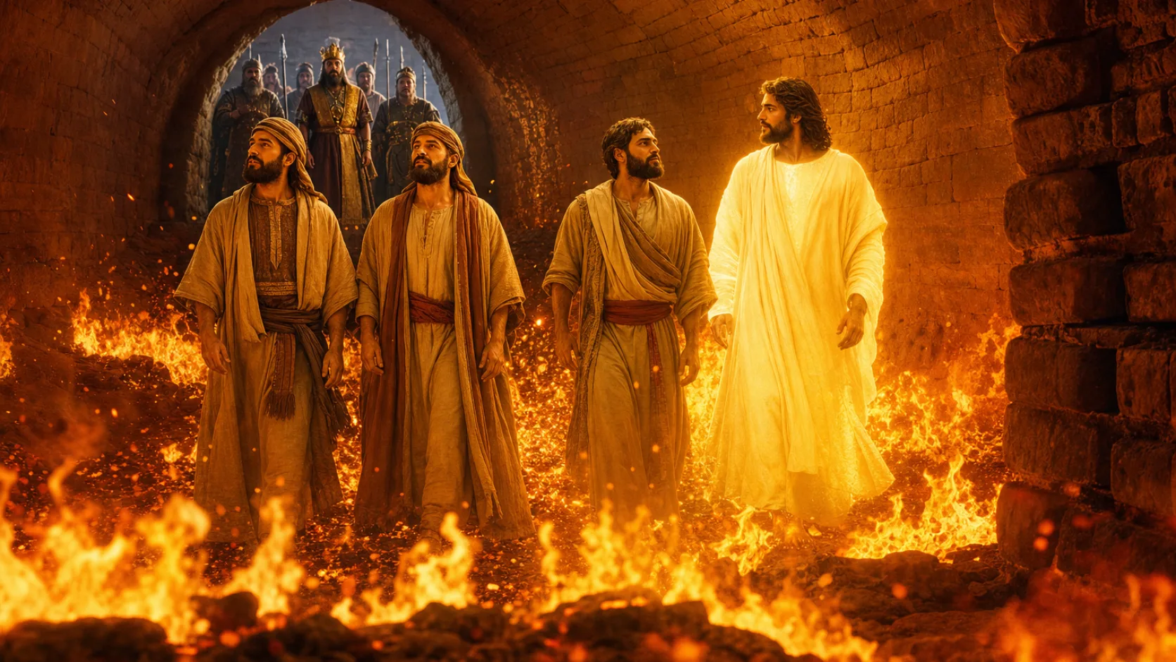 Biblical scene illustrating Shadrach Meshach and Abednego Are Delivered from the Fire