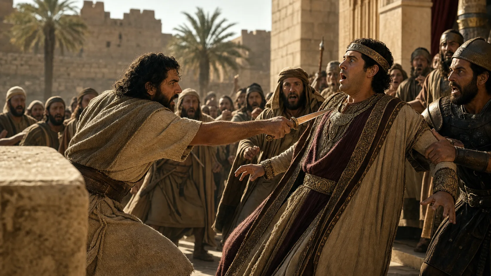 Biblical scene illustrating Shallum Assassinates Zechariah