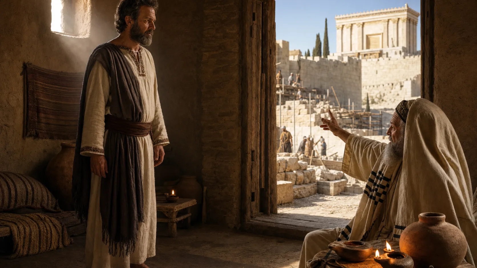 Biblical scene illustrating Shemaiah Tries to Frighten Nehemiah into the Temple