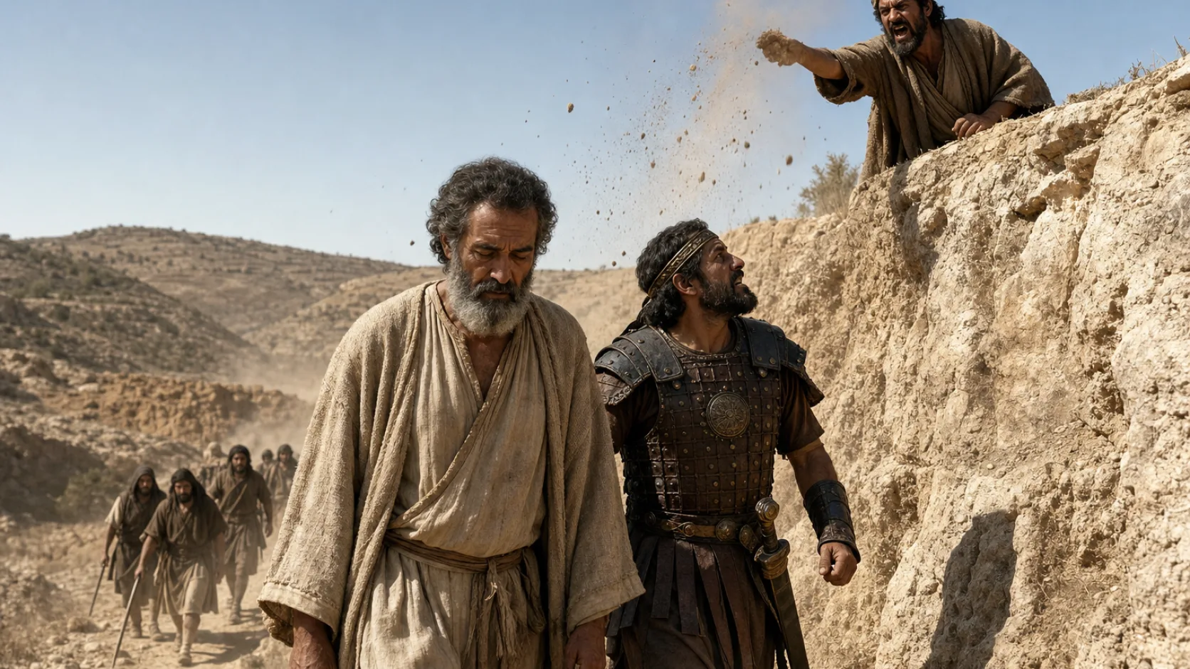 Biblical scene illustrating Shimei Curses David