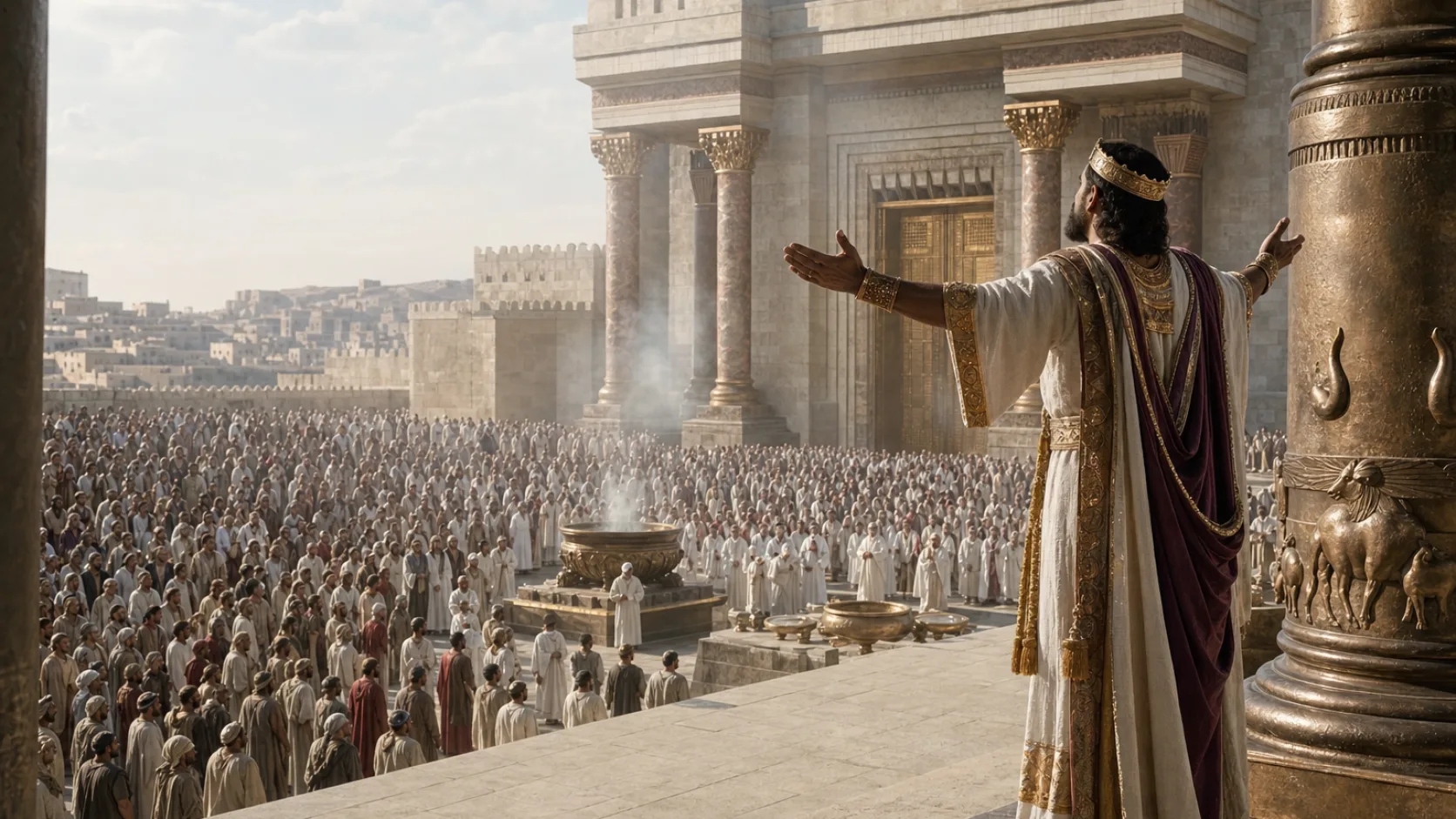 Biblical scene illustrating Solomon Blesses the Assembly at the Temple