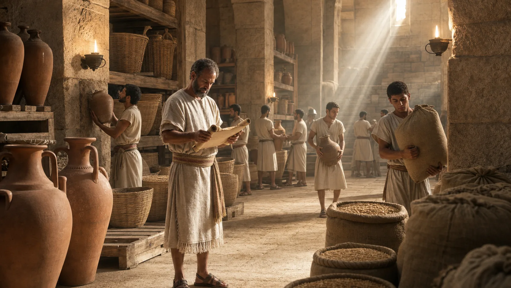 Biblical scene illustrating Temple Storehouses Are Appointed for Offerings and Tithes